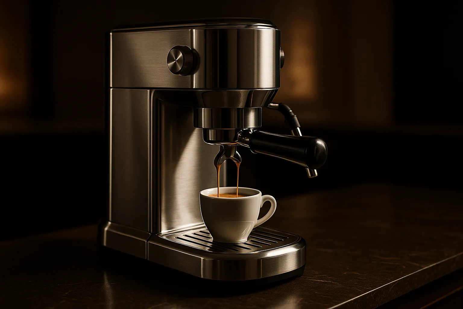 Máquina de espresso doméstica extraindo café em xícara de porcelana