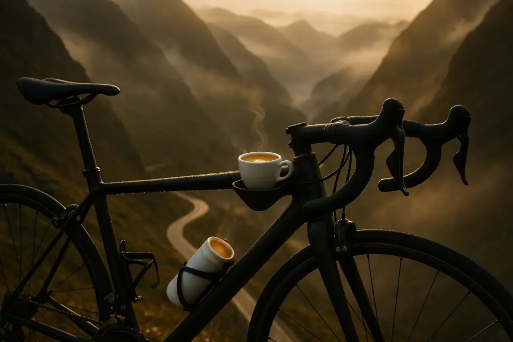 Xícara de espresso encaixada no suporte de garrafa de uma bike de estrada no topo de montanha