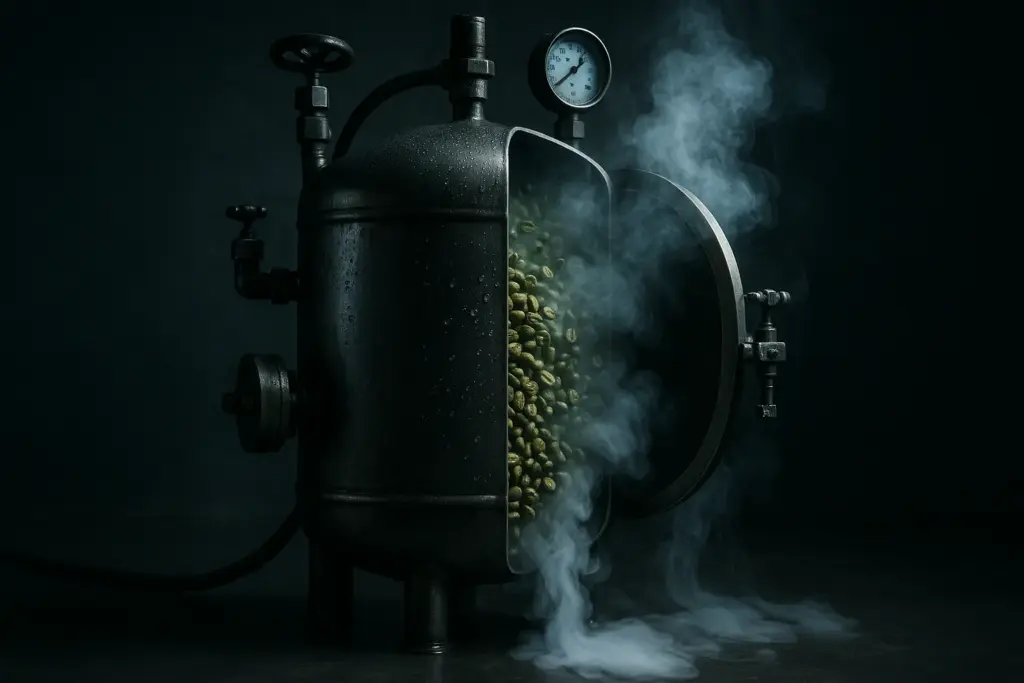 Tanque de aço pressurizado cortado revelando grãos de café verde envoltos em névoa de CO2.