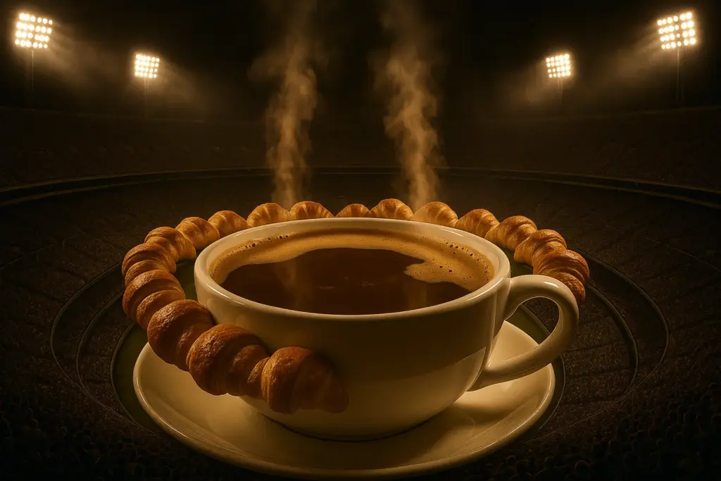 Estádio de futebol com uma xícara de cortado gigante no lugar do gramado, cercada por medialunas.
