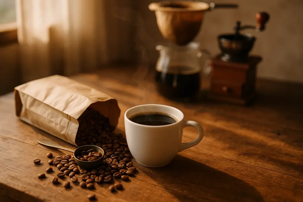 Pacote de café aberto com grãos, colher dosadora e xícara de café coado fumegante em bancada de madeira
