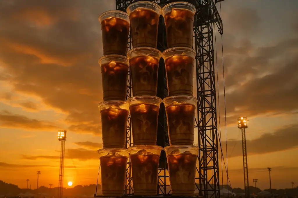 Torre de palco de festival feita de copos gigantes de café gelado ao entardecer, com luz dourada.