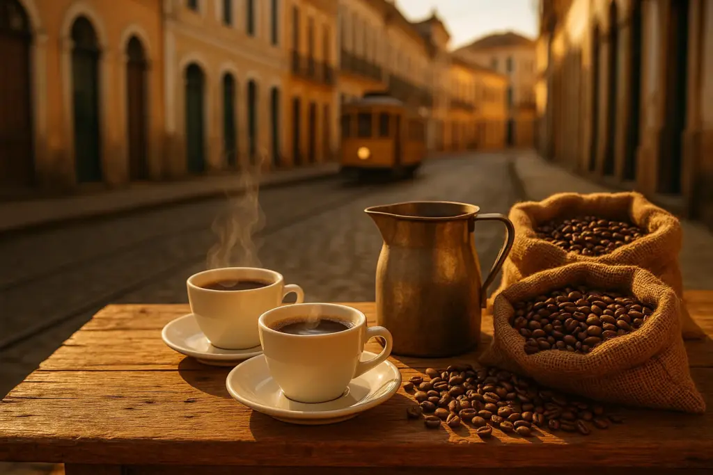 Xícaras de café e sacas de grãos numa bancada em rua histórica de paralelepípedos ao entardecer.