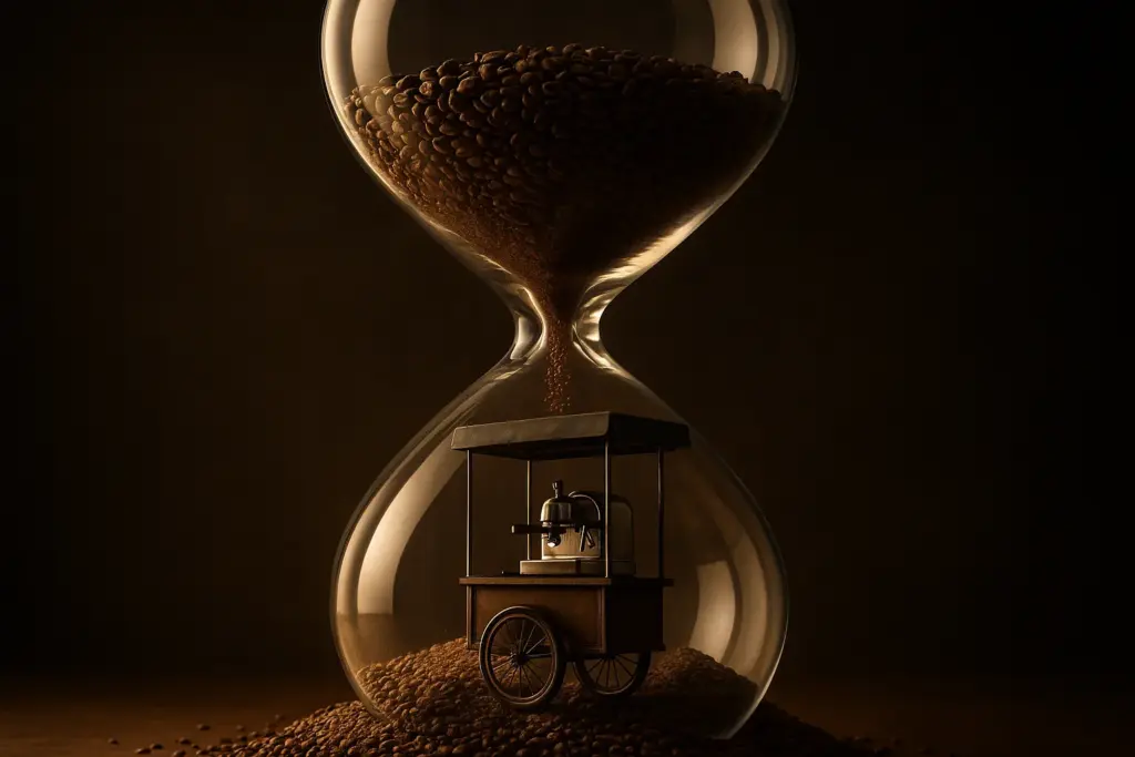 Carrinho de café dentro de uma ampulheta gigante com grãos escorrendo no lugar da areia.