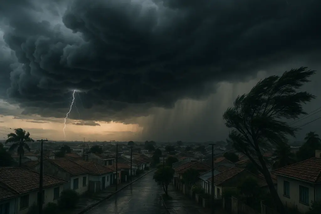 Céu de tempestade com raio sobre cidade, com vento curvando as árvores