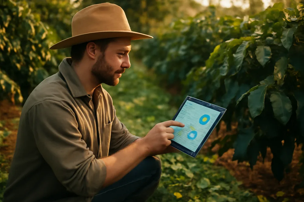 Produtor usando tablet com dados no meio de uma lavoura de café regenerativa