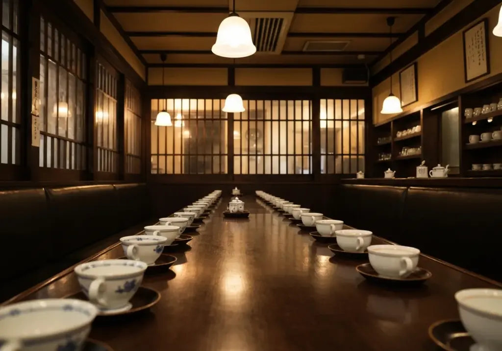 Interior de cafeteria japonesa antiga com balcão de madeira escura e luz baixa