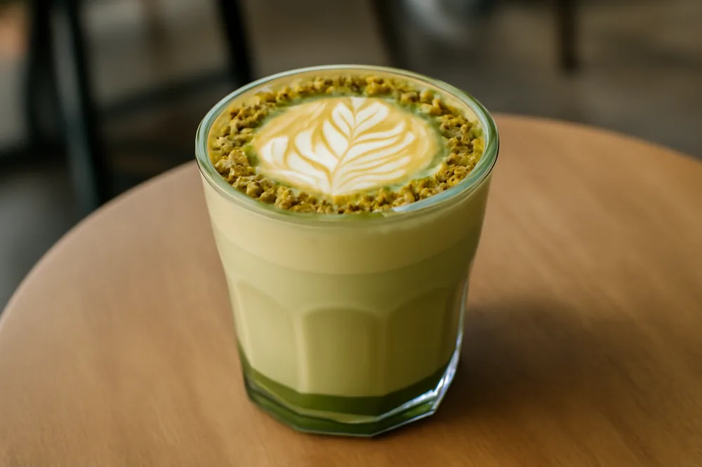 Latte de pistache cremoso num copo com um toque verde de pistache