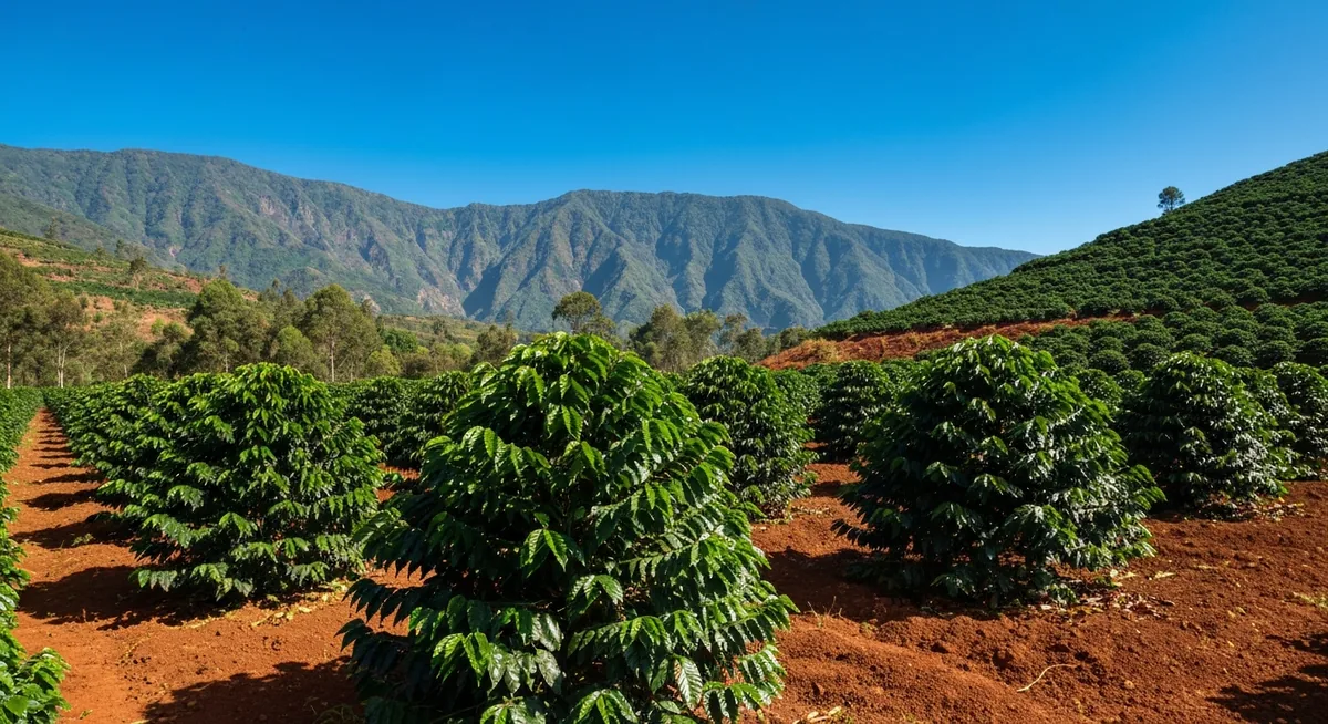 Lavoura de café robusta em terreno de terra vermelha com montanhas ao fundo