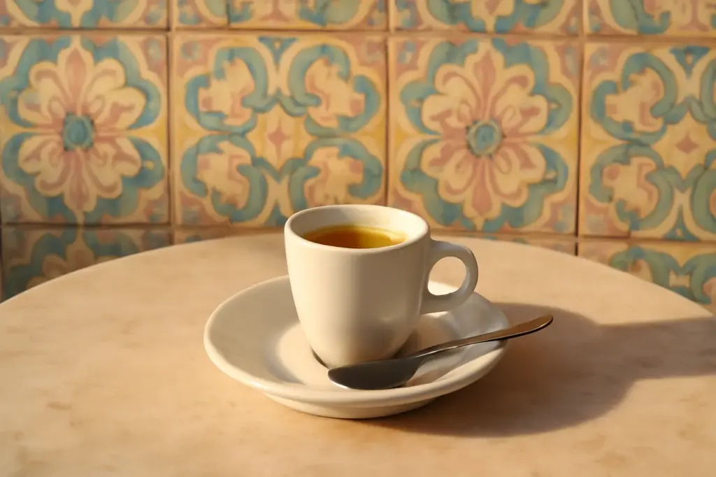 Xícara pequena de bica (espresso) num pires sobre mesa de café de esquina em Lisboa
