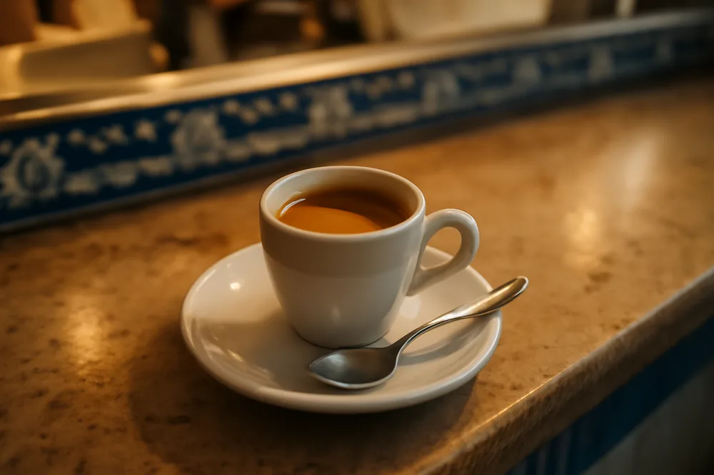 Bica servida em xícara pequena num café tradicional de Lisboa