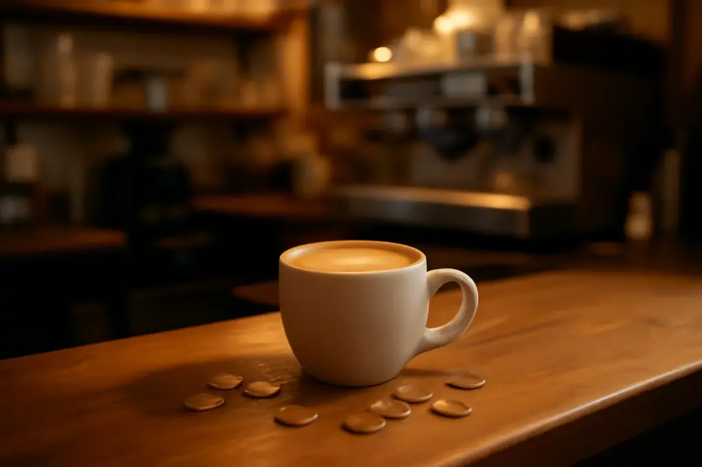 Balcão de uma pequena cafeteria com uma xícara de café e algumas moedas espalhadas
