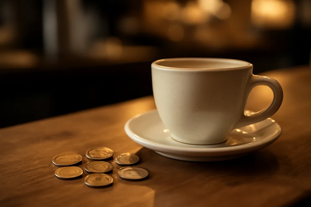 Xícara de café e moedas sobre o balcão de uma cafeteria