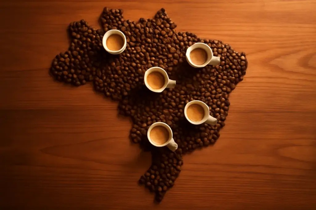 Mapa do Brasil formado por grãos de café torrados sobre madeira, com xicrinhas marcando regiões