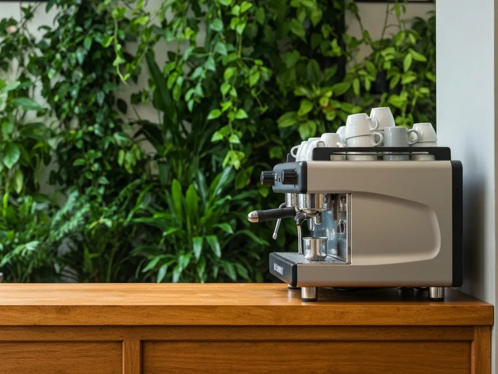 Máquina de espresso compacta em balcão de madeira com plantas ao fundo