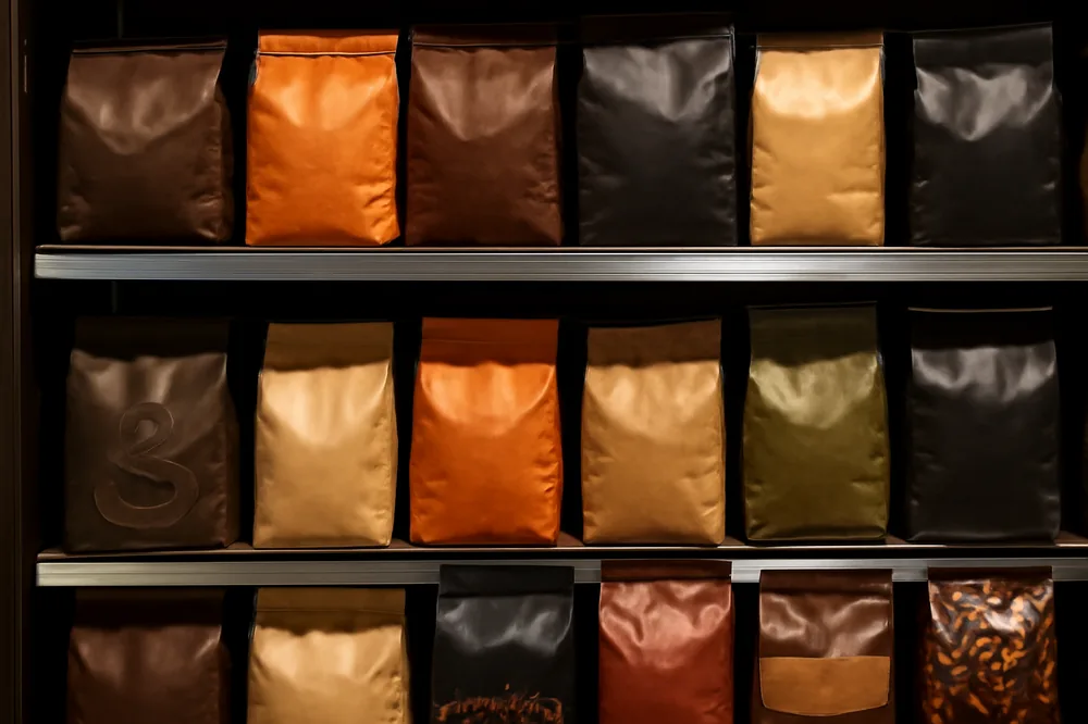 Diversas embalagens de café numa prateleira de mercado