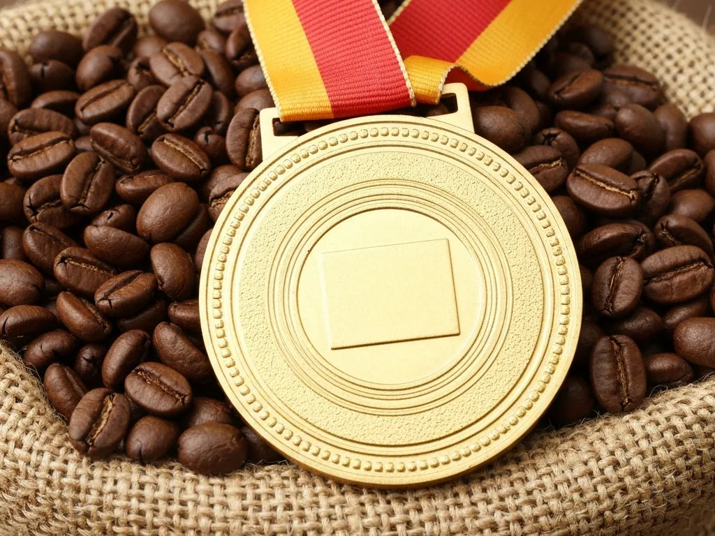 Medalha dourada sobre saca de juta cheia de grãos de café