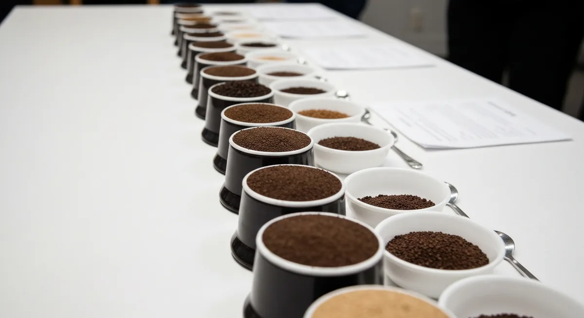Mesa de prova de cafés com xícaras idênticas e colheres