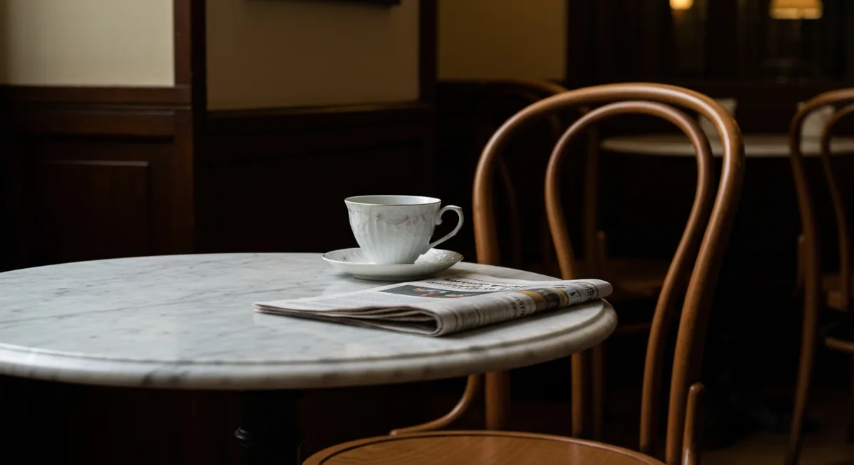Mesa de mármore com xícara de porcelana e jornal dobrado, cadeira de madeira curvada