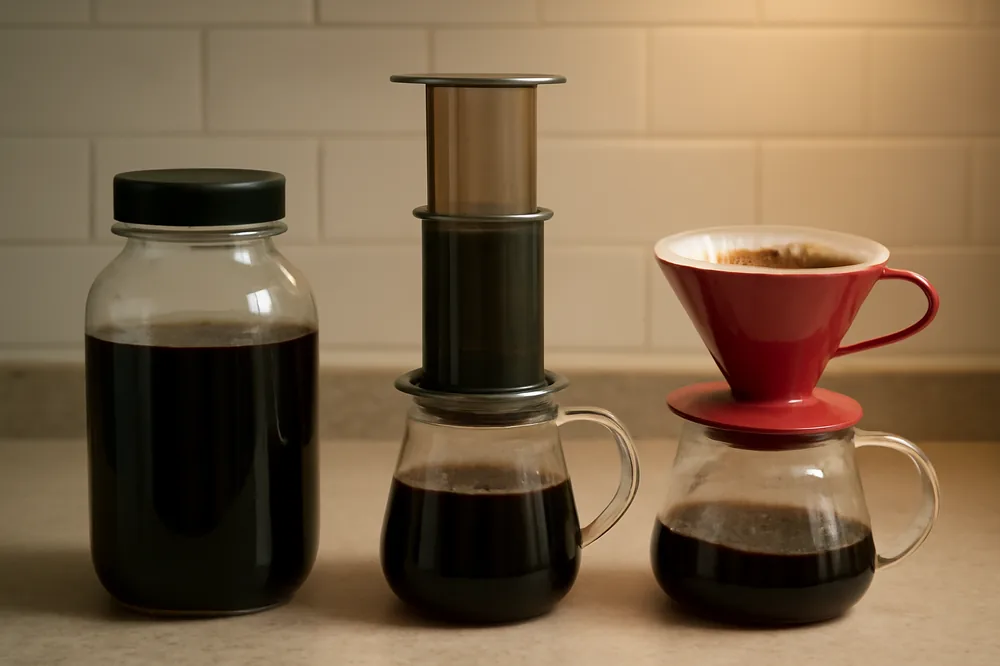 Cold brew, AeroPress e coador V60 lado a lado numa bancada