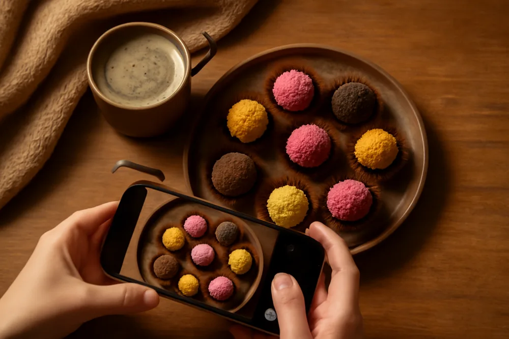Doces caseiros e café sendo fotografados pelo celular para redes sociais