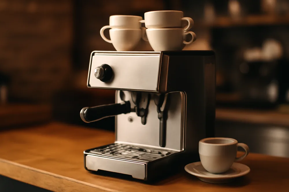 Máquina de espresso pequena num balcão compacto de cafeteria