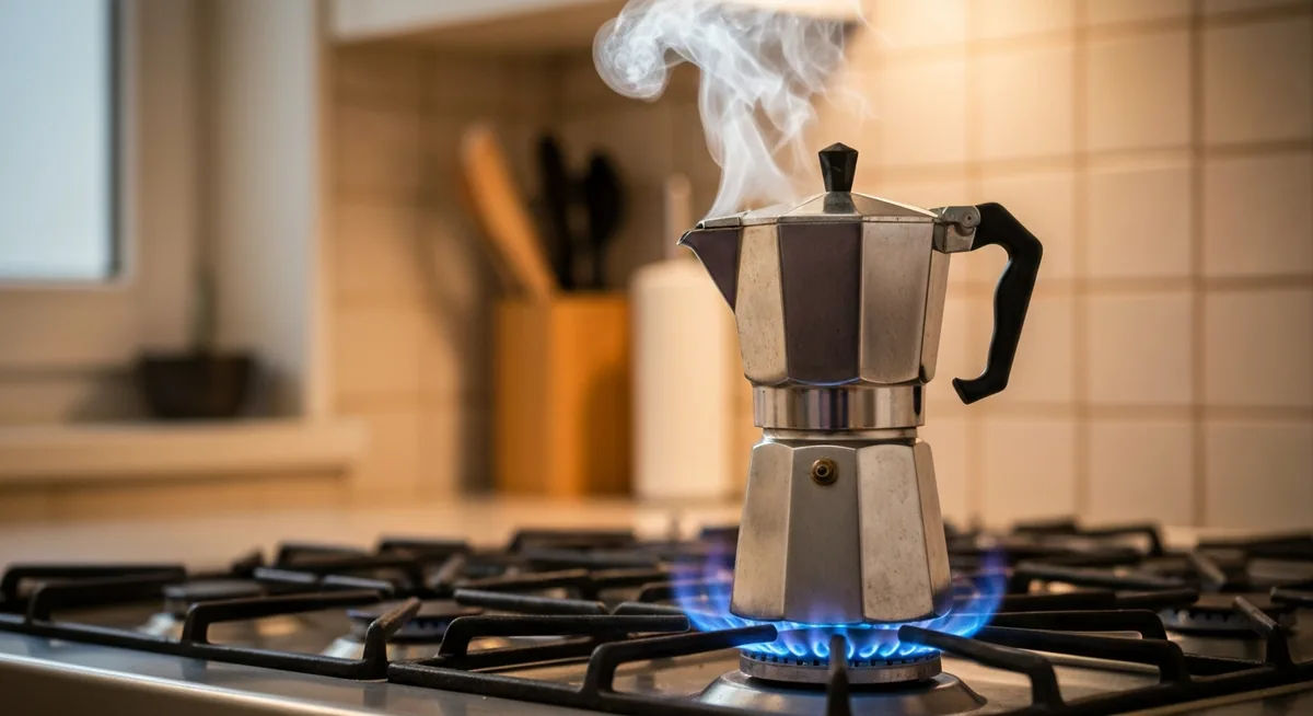 Cafeteira italiana moka no fogão a gás com vapor saindo