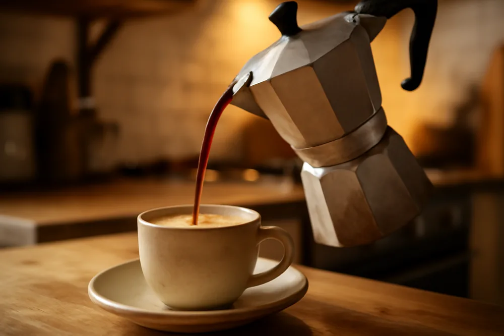 Café sendo servido da cafeteira italiana moka numa xícara