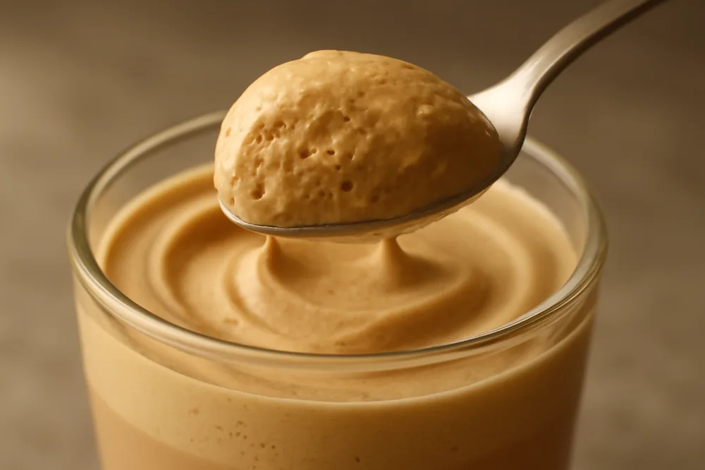 Colher retirando uma porção de mousse de café cremosa