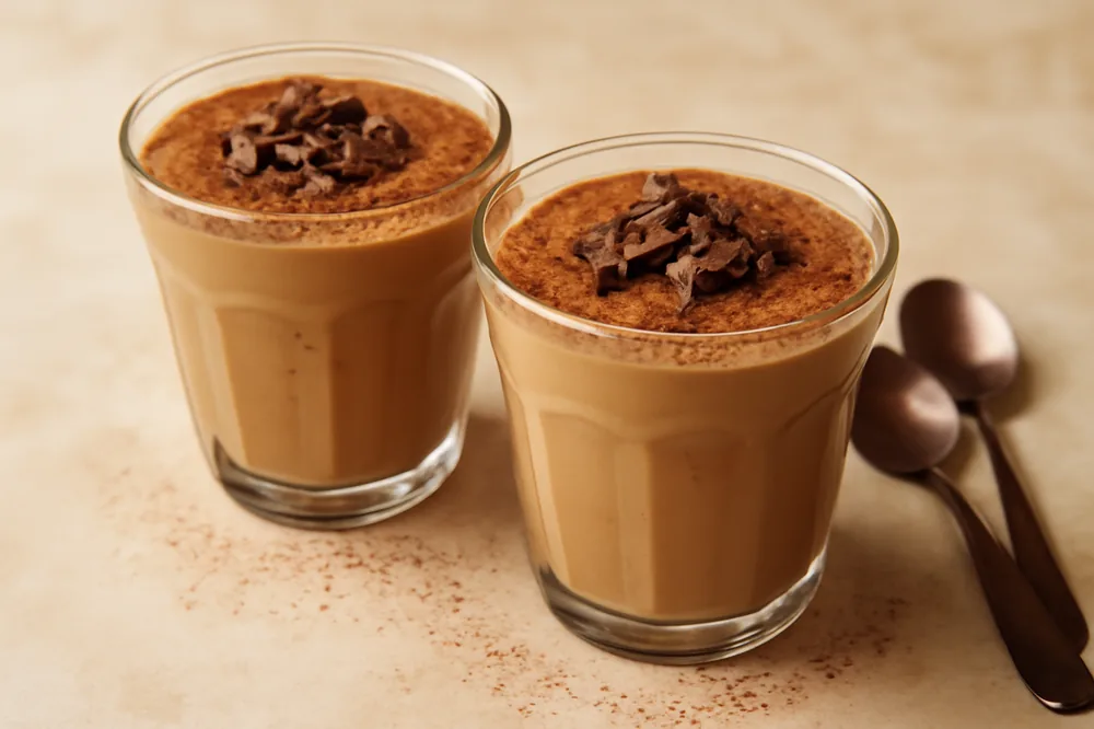 Taças de mousse de café polvilhadas com cacau e raspas de chocolate