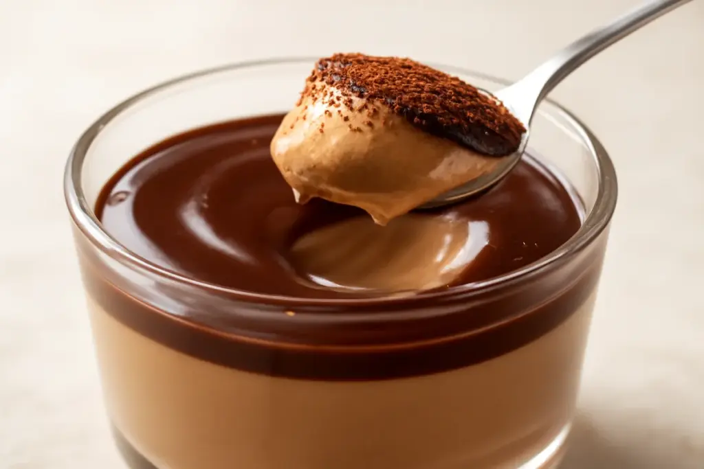 Mousse de café cremosa numa taça de vidro, polvilhada com cacau, colher retirando uma porção
