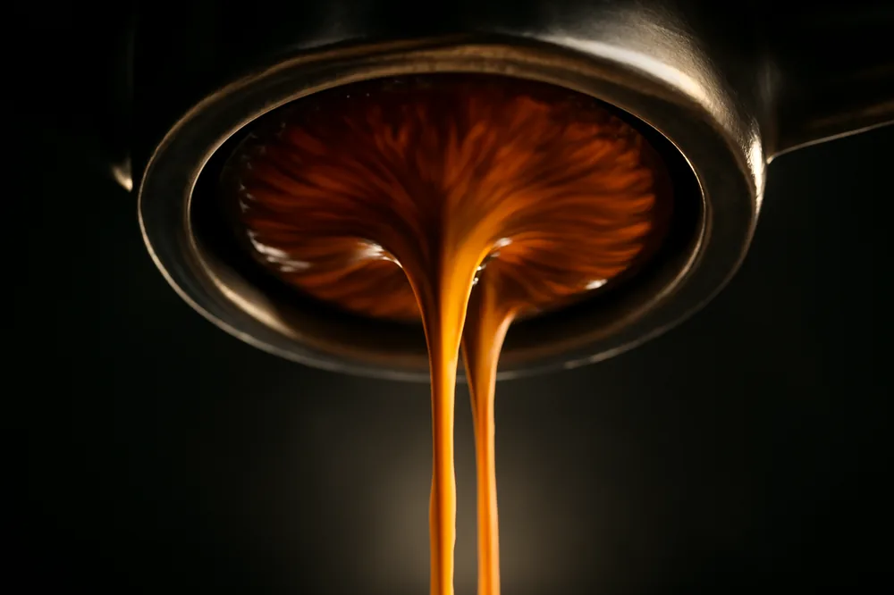 Vista de baixo de um porta-filtro naked com dois jatos de espresso se unindo