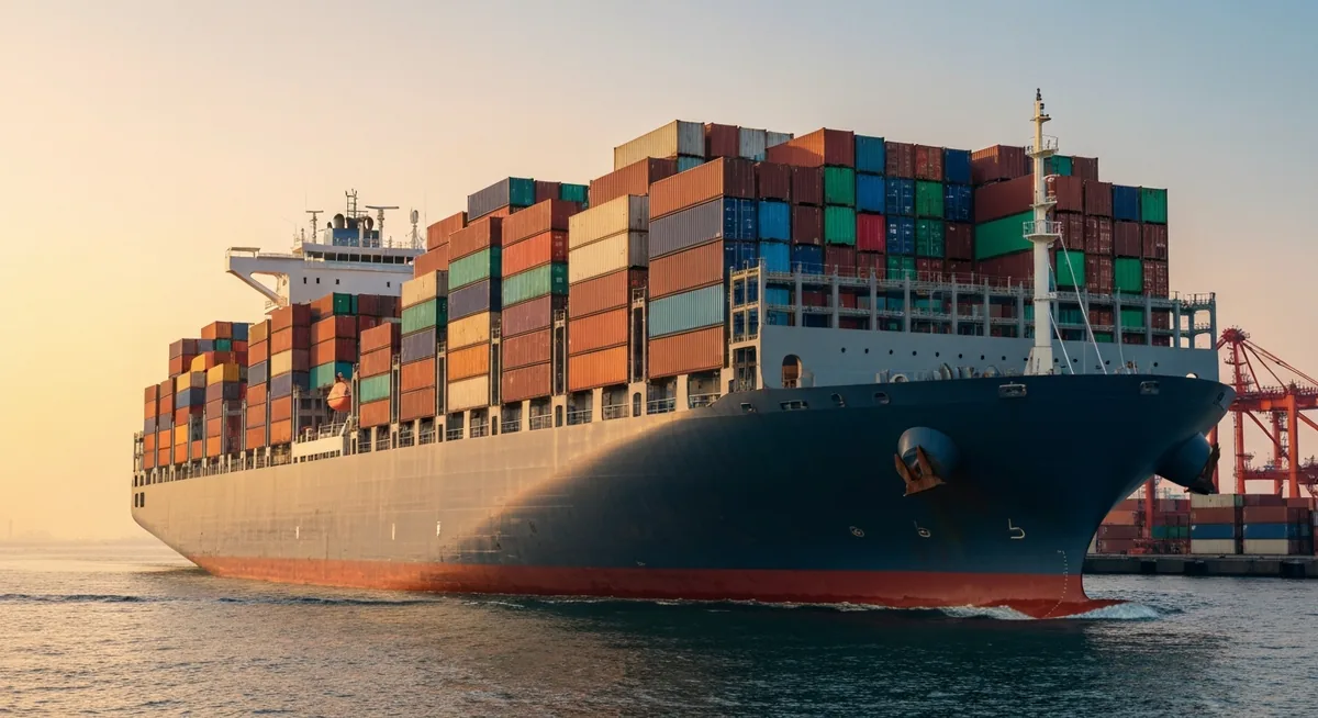Navio cargueiro carregado de containers saindo do porto ao amanhecer