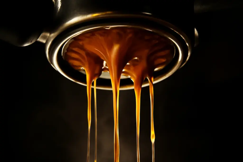 Close de um porta-filtro naked (sem fundo) com jatos dourados de espresso escorrendo