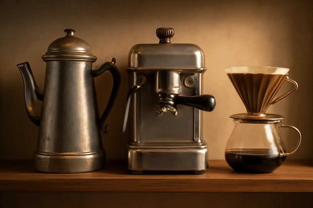 Métodos de preparo de café de diferentes épocas enfileirados numa prateleira