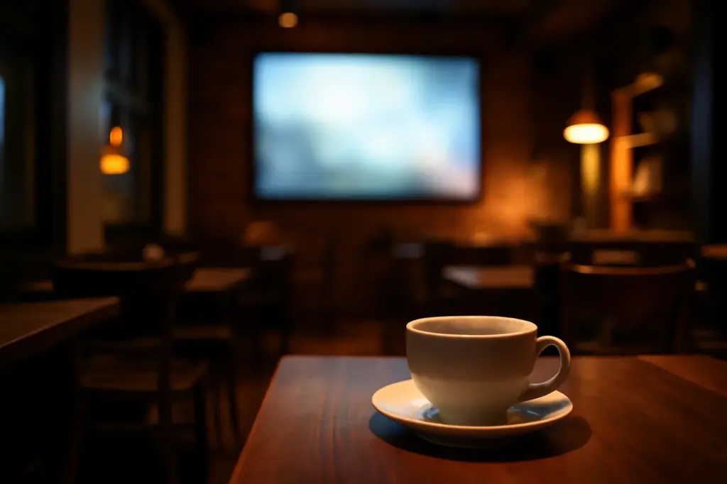 Interior aconchegante de cafeteria à noite com uma tela iluminada ao fundo