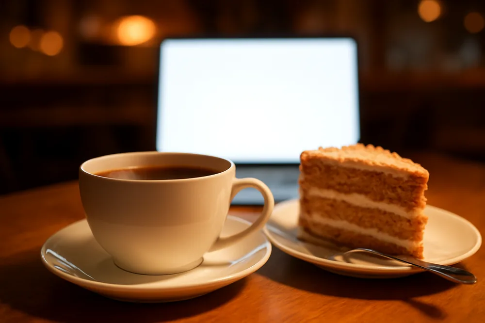 Xícara de café sobre a mesa de uma cafeteria com tela ao fundo