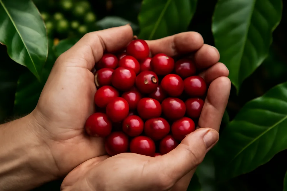 Mãos segurando frutos vermelhos de café numa fazenda orgânica