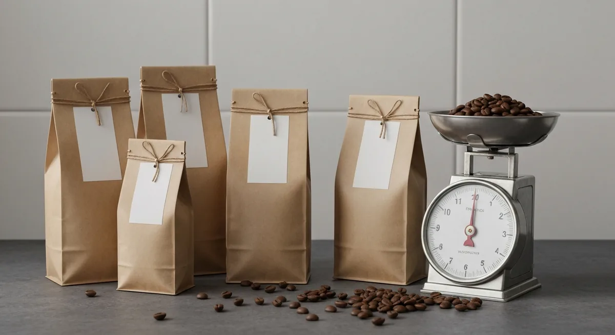 Pacotes de café em papel kraft com etiquetas em branco e balança