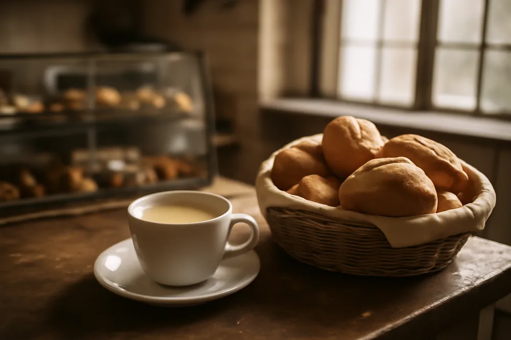 Balcão de padaria de manhã com um café com leite e um cesto de pães franceses
