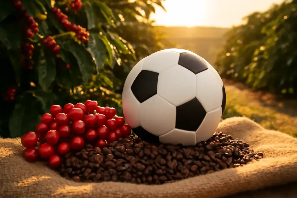 Bola de futebol clássica sobre grãos e frutos de café numa lavoura do Sul de Minas