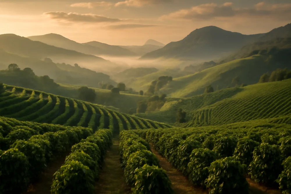 Lavoura de café nas montanhas do Sul de Minas ao entardecer