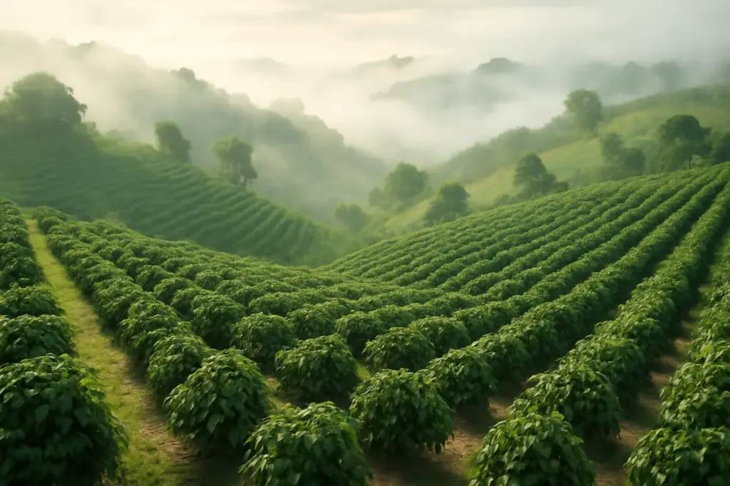 Lavoura de café em serra de altitude do agreste, com neblina