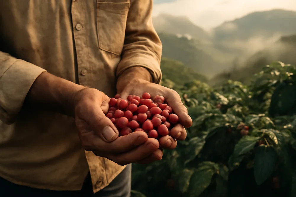 Mãos de produtor com frutos de café na serra do agreste
