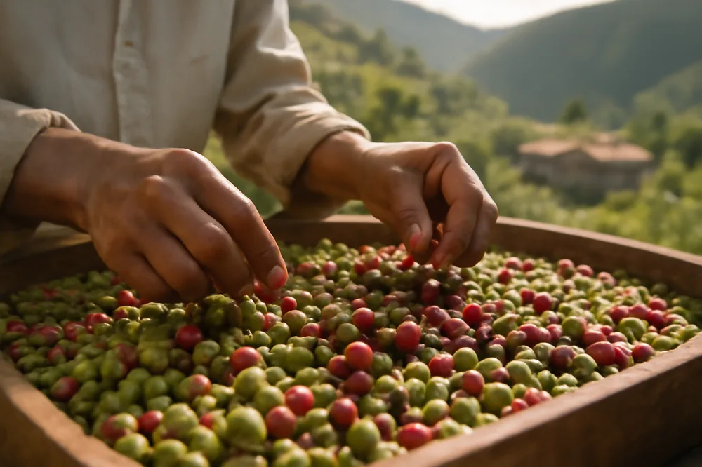 Mãos selecionando frutos de café peruano numa fazenda andina