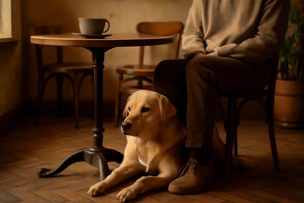 Cachorro deitado sob a mesa de uma cafeteria ao lado do dono