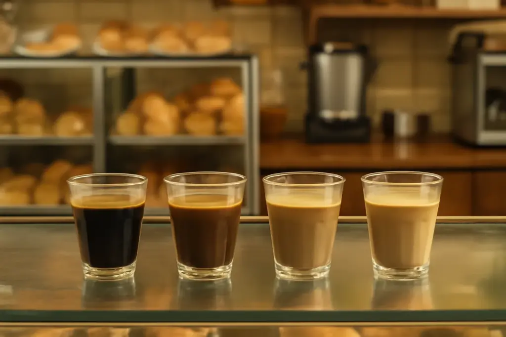 Balcão de padaria com vários copinhos de café com diferentes quantidades de leite
