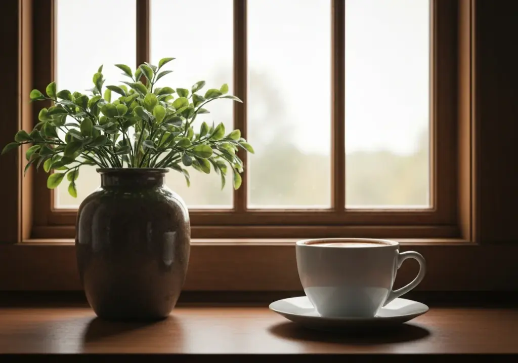 Vaso de planta e xícara de café num parapeito de janela