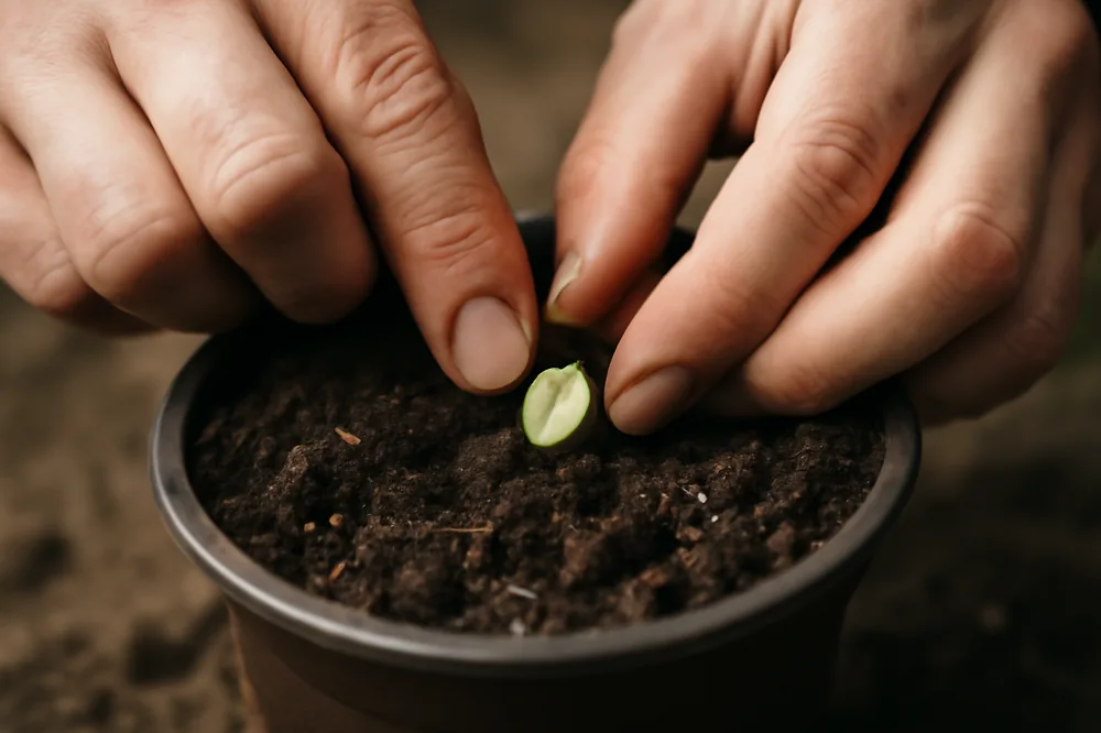 Mãos plantando uma semente verde de café na terra de um vaso