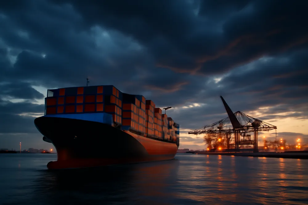 Navio cargueiro carregado de contêineres saindo de um porto